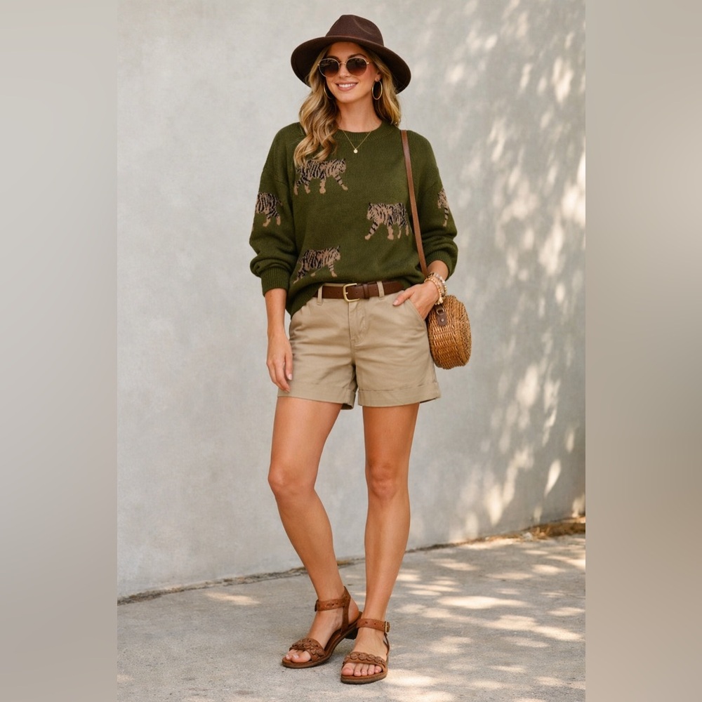 BIBI Tiger Print Relaxed Fit Olive Green Sweater Size M